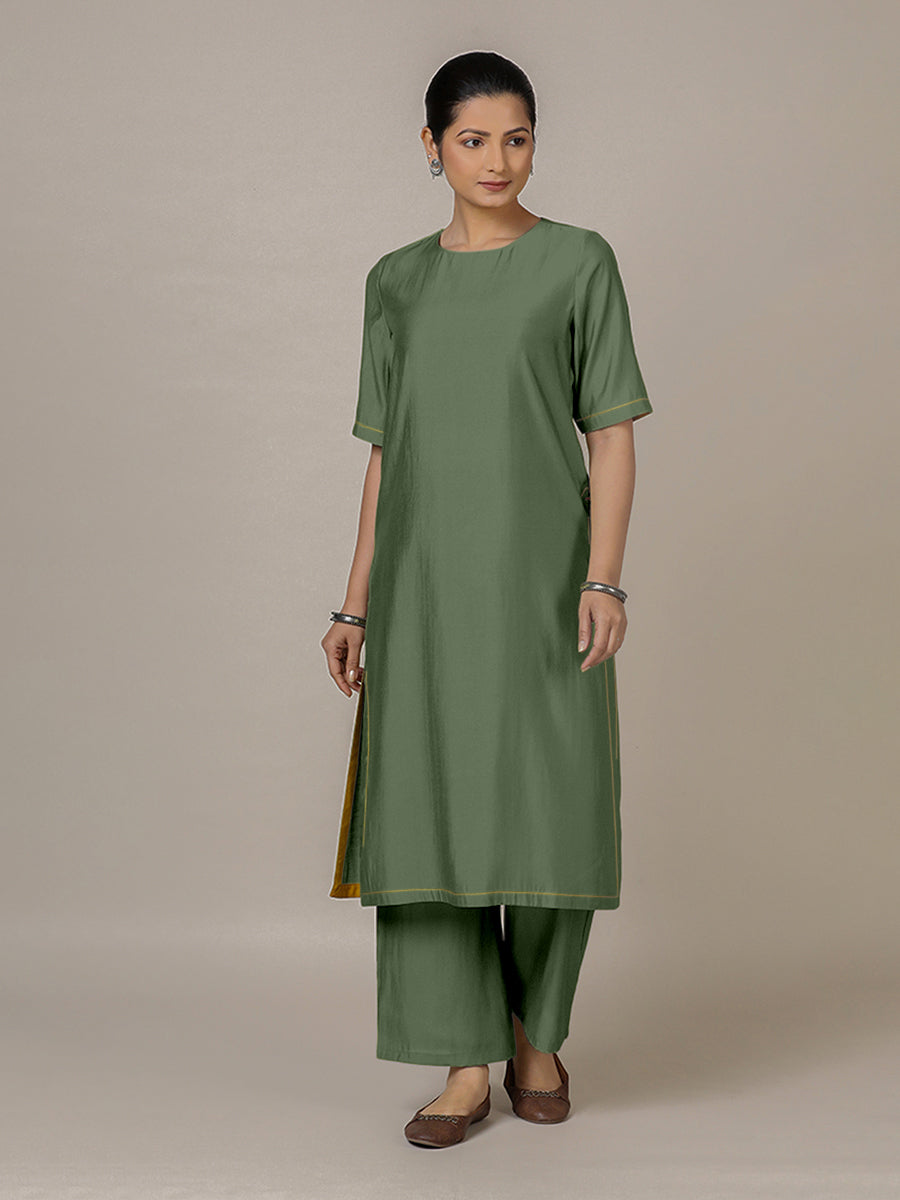 Riya x Rozaana Kurta, in Green Viscose, featuring elbow sleeves and jewel neckline, made for daily & work (view 5).