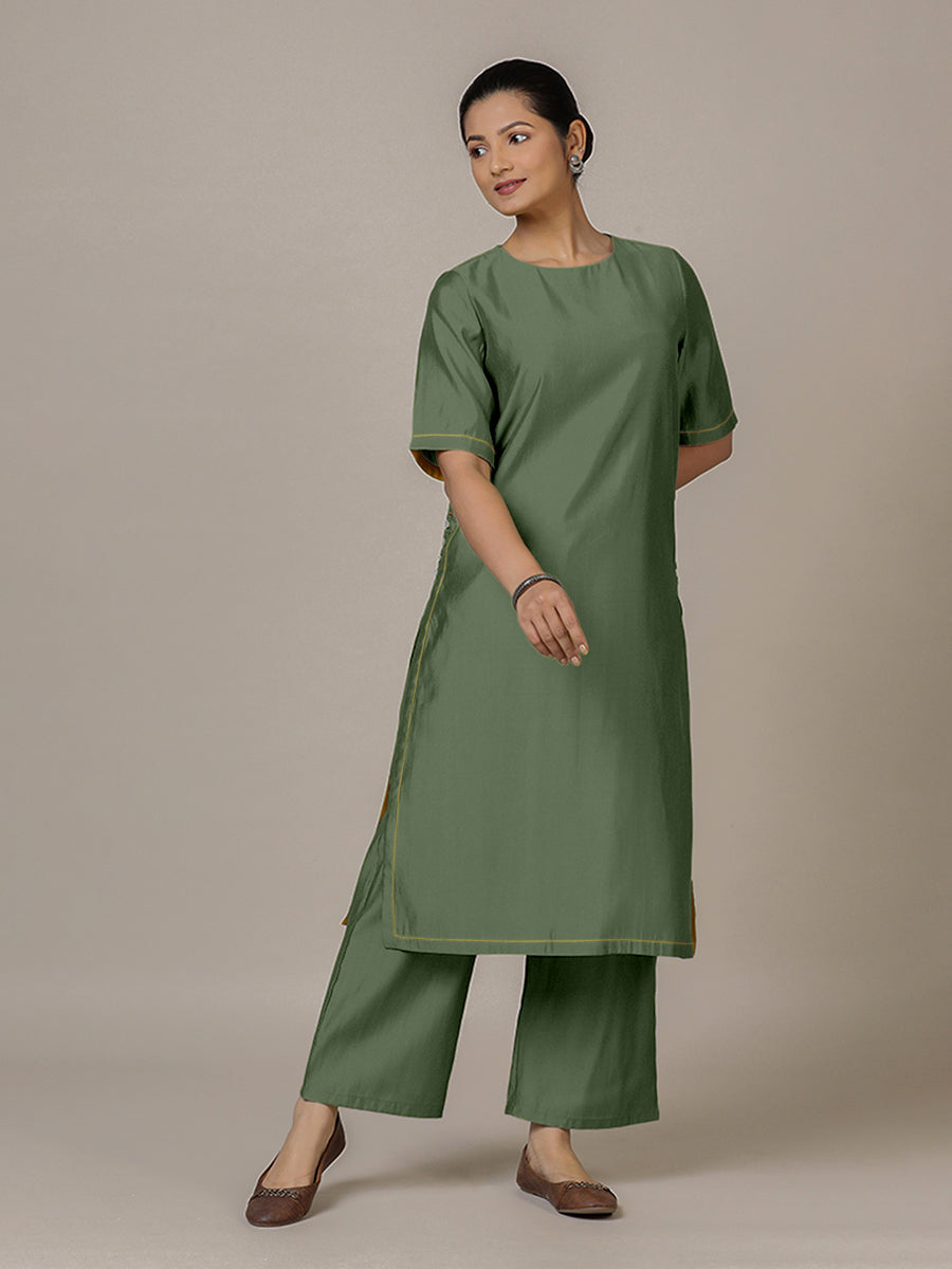 Riya x Rozaana Kurta, in Green Viscose, featuring elbow sleeves and jewel neckline, made for daily & work (view 6).