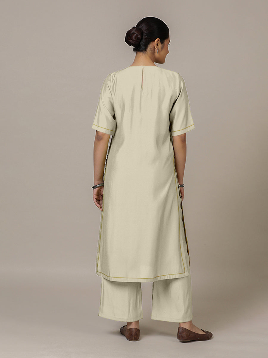 Riya x Rozaana Kurta, in Cream Viscose, featuring elbow sleeves and jewel neckline, made for daily & work (view 2).
