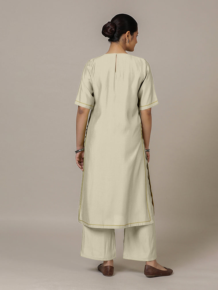 Riya x Rozaana Kurta, in Cream Viscose, featuring elbow sleeves and jewel neckline, made for daily & work (view 2).