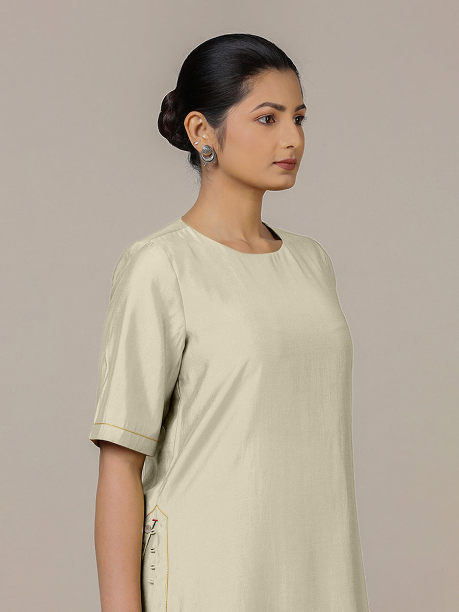 Riya x Rozaana Kurta, in Cream Viscose, featuring elbow sleeves and jewel neckline, made for daily & work (view 4).