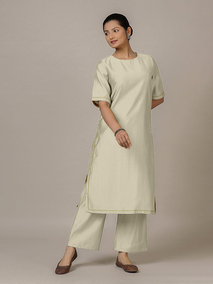 Riya x Rozaana Kurta, in Cream Viscose, featuring elbow sleeves and jewel neckline, made for daily & work (view 6).