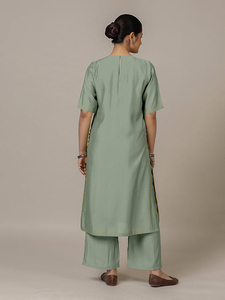 Riya x Rozaana Kurta, in Green Viscose, featuring elbow sleeves and jewel neckline, made for daily & work (view 2).