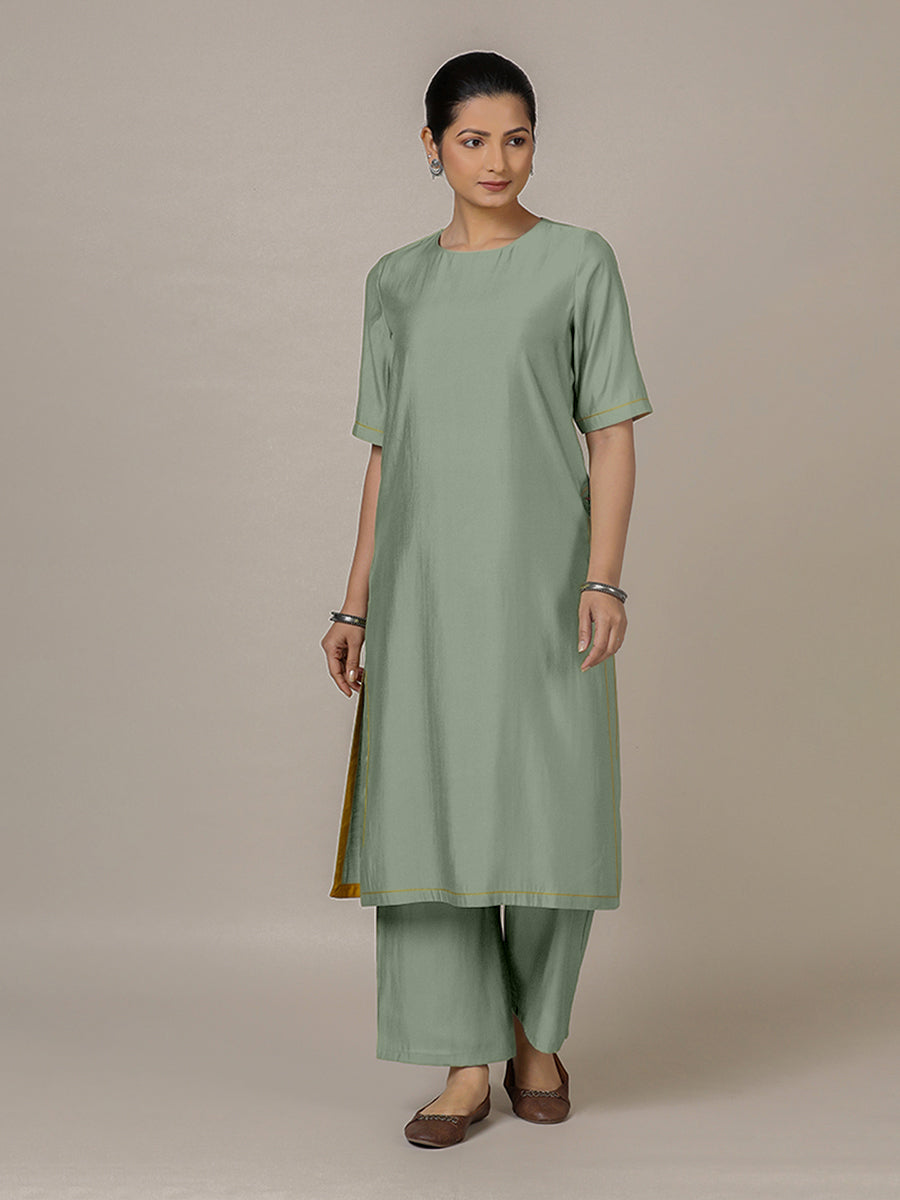 Riya x Rozaana Kurta, in Green Viscose, featuring elbow sleeves and jewel neckline, made for daily & work (view 5).