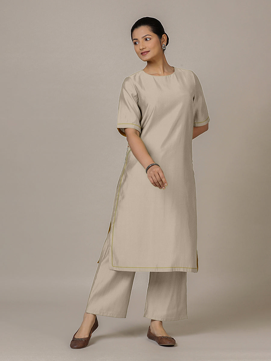 Riya x Rozaana Kurta, in Grey Viscose, featuring elbow sleeves and jewel neckline, made for daily & work.