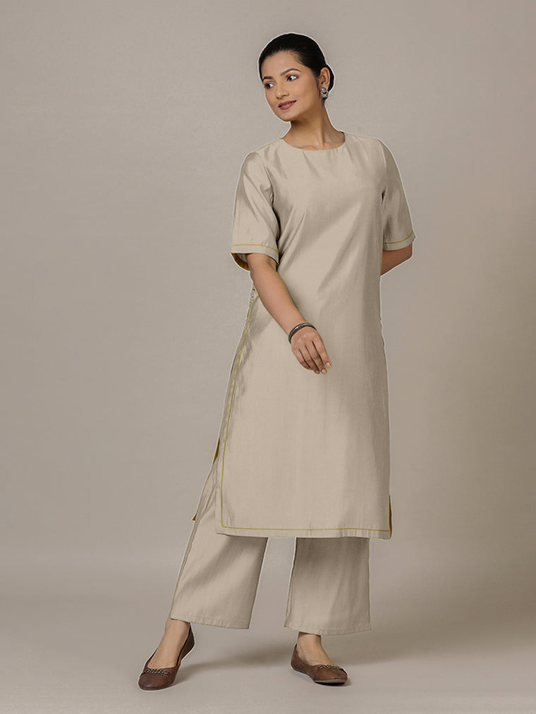 Riya x Rozaana Kurta, in Grey Viscose, featuring elbow sleeves and jewel neckline, made for daily & work.