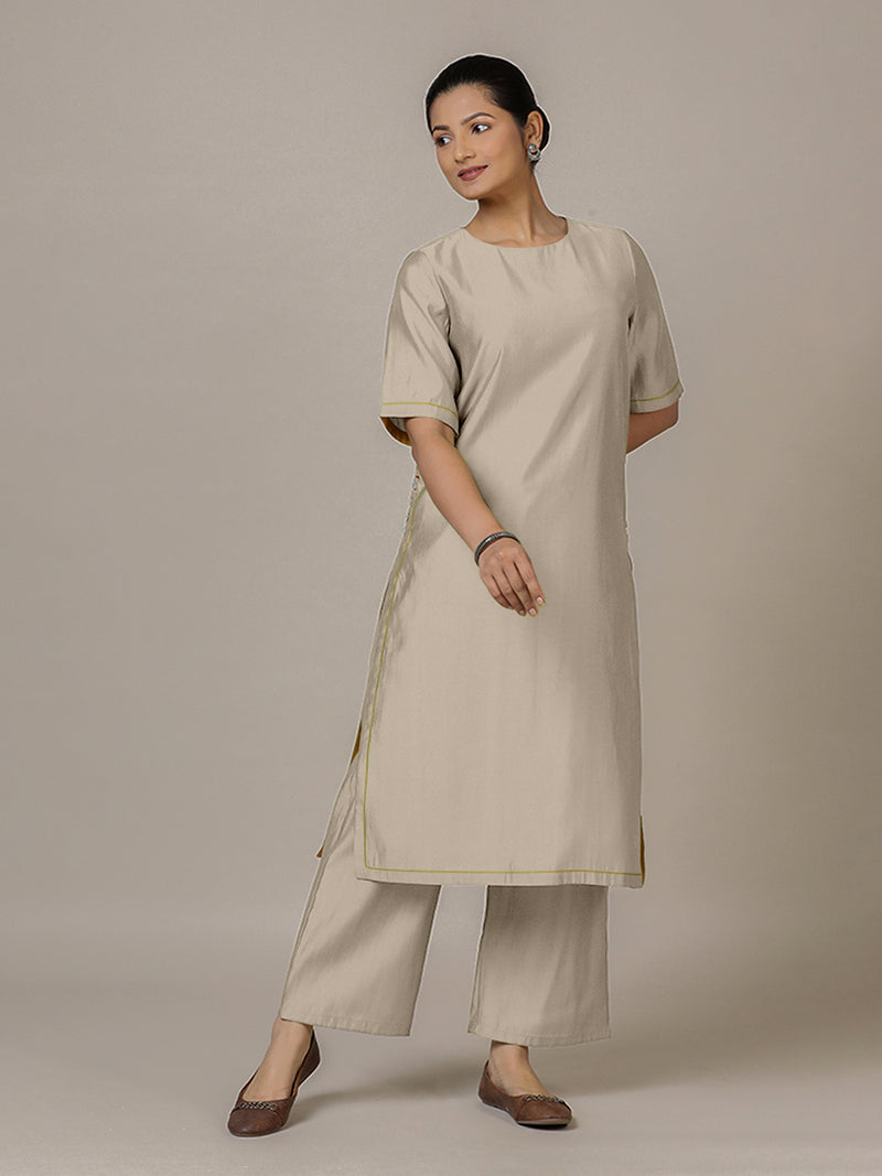 Riya x Rozaana | A Line Kurta in Oyster Grey with Thread Work | Coords or Only Kurta-Binks