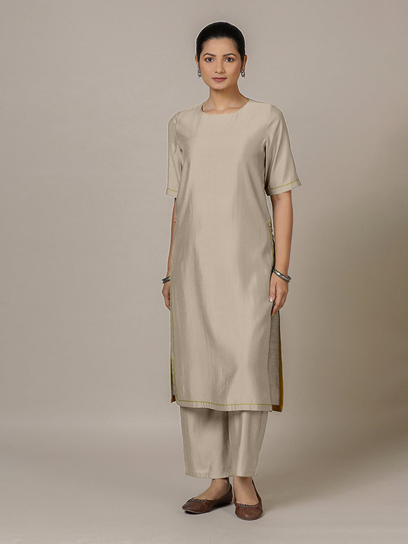 Riya x Rozaana | A Line Kurta in Oyster Grey with Thread Work | Coords or Only Kurta-Binks