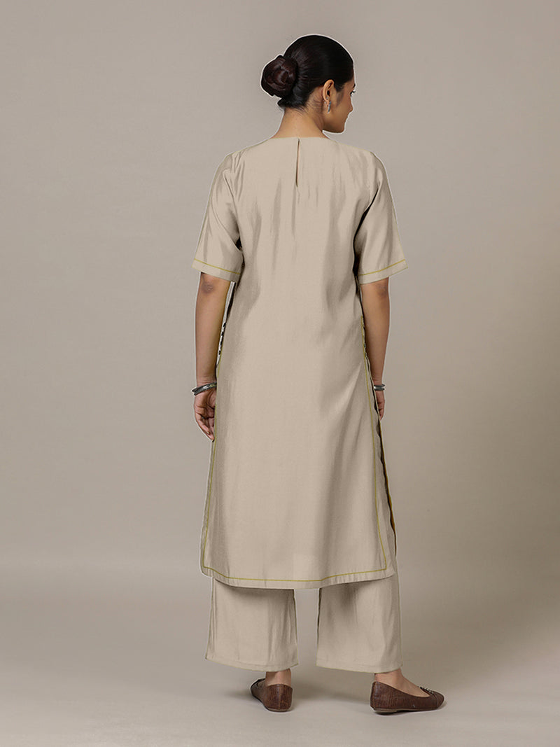 Riya x Rozaana | A Line Kurta in Oyster Grey with Thread Work | Coords or Only Kurta-Binks