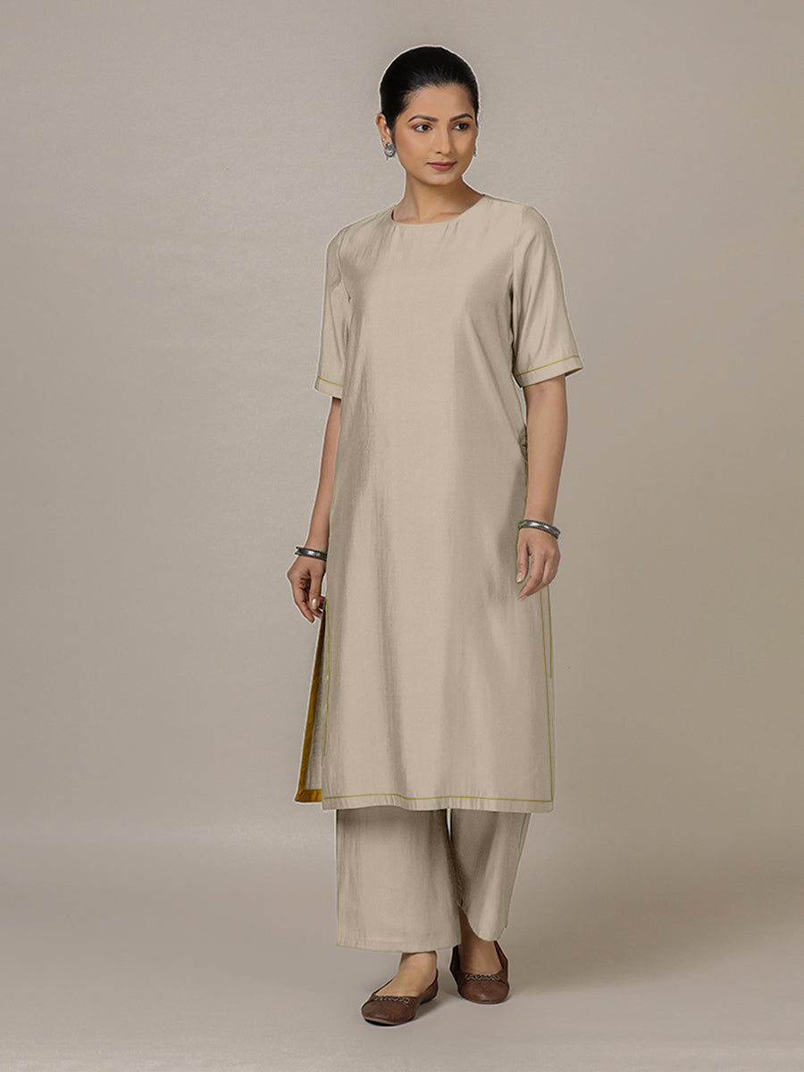 Riya x Rozaana Kurta, in Grey Viscose, featuring elbow sleeves and jewel neckline, made for daily & work (view 5).
