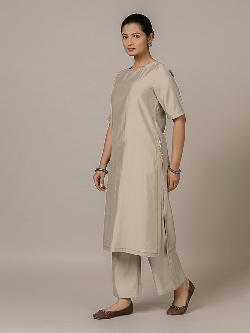 Riya x Rozaana | A Line Kurta in Oyster Grey with Thread Work | Coords or Only Kurta-Binks