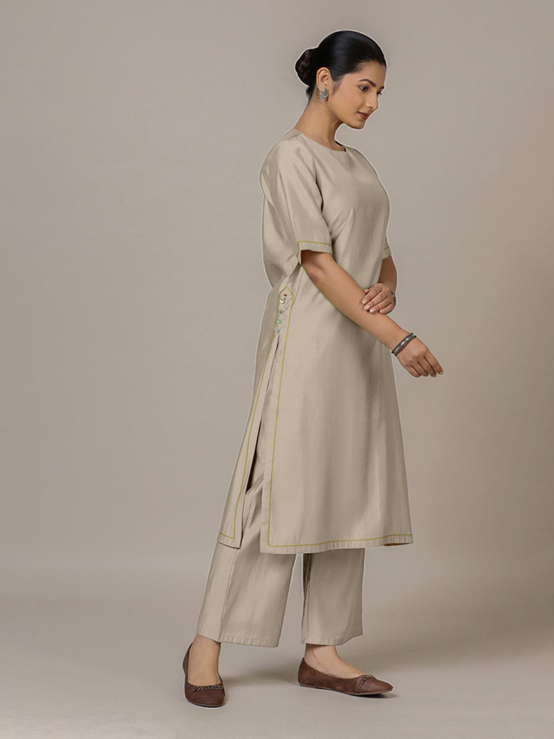 Riya x Rozaana | A Line Kurta in Oyster Grey with Thread Work | Coords or Only Kurta-Binks