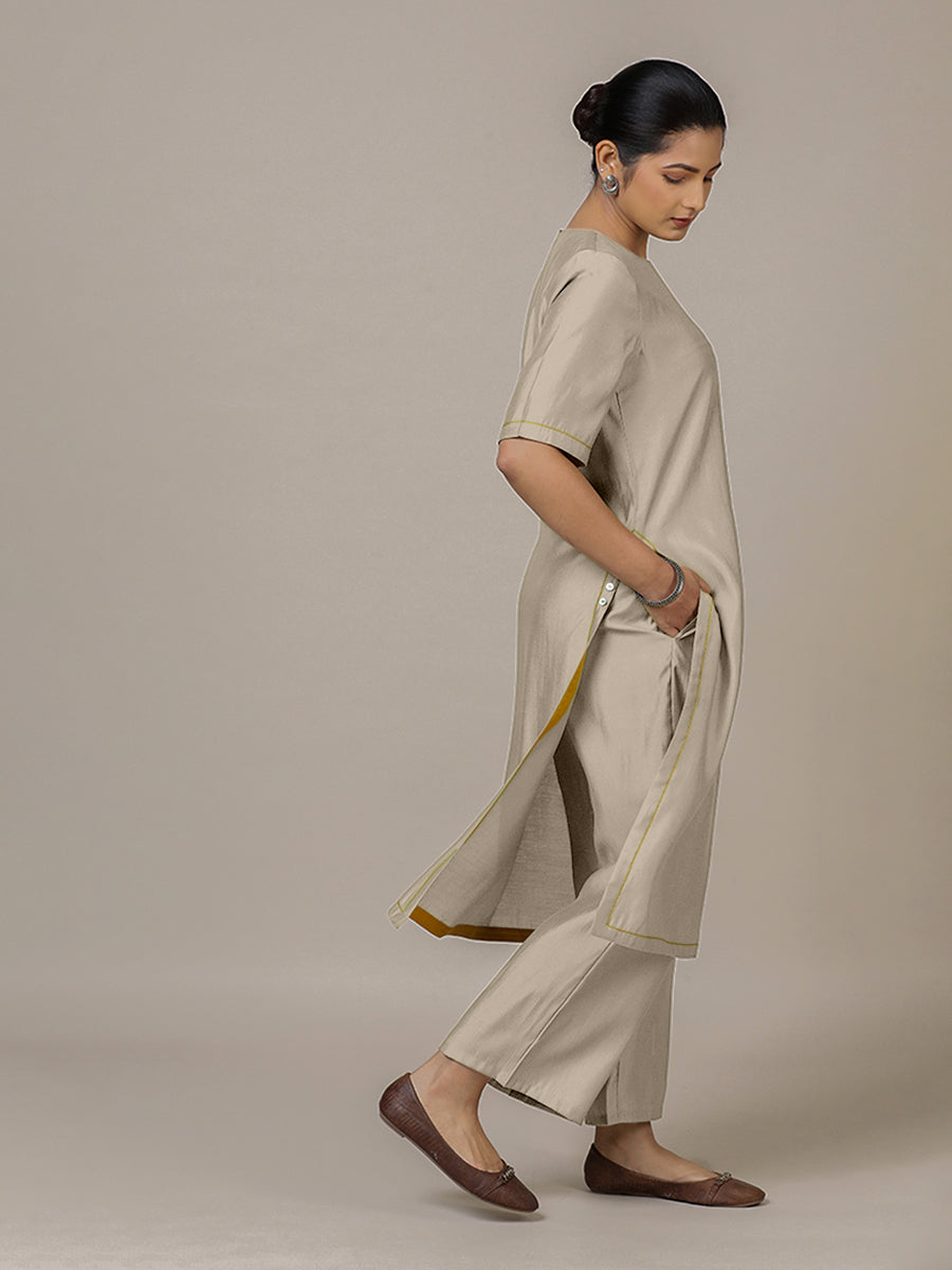 Riya x Rozaana Kurta, in Grey Viscose, featuring elbow sleeves and jewel neckline, made for daily & work (view 8).