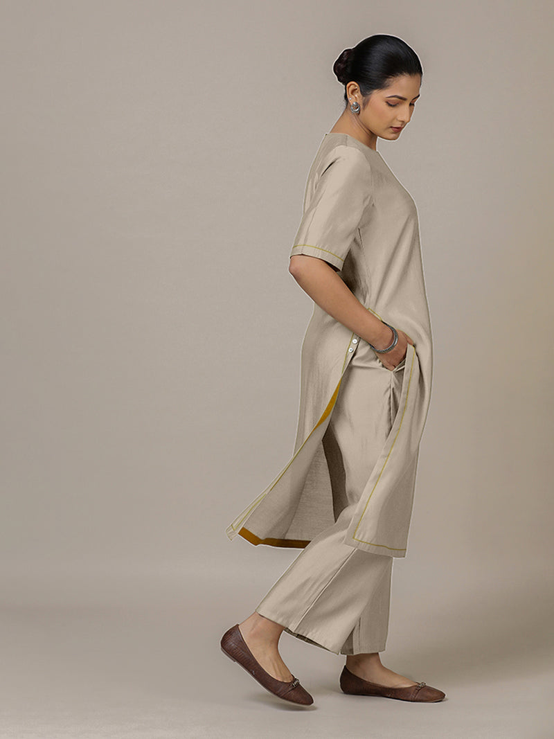 Riya x Rozaana | A Line Kurta in Oyster Grey with Thread Work | Coords or Only Kurta-Binks
