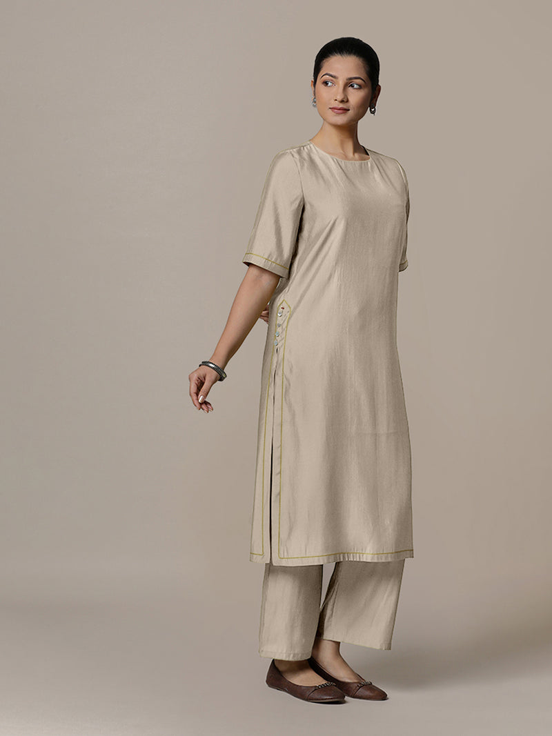Riya x Rozaana | A Line Kurta in Oyster Grey with Thread Work | Coords or Only Kurta-Binks