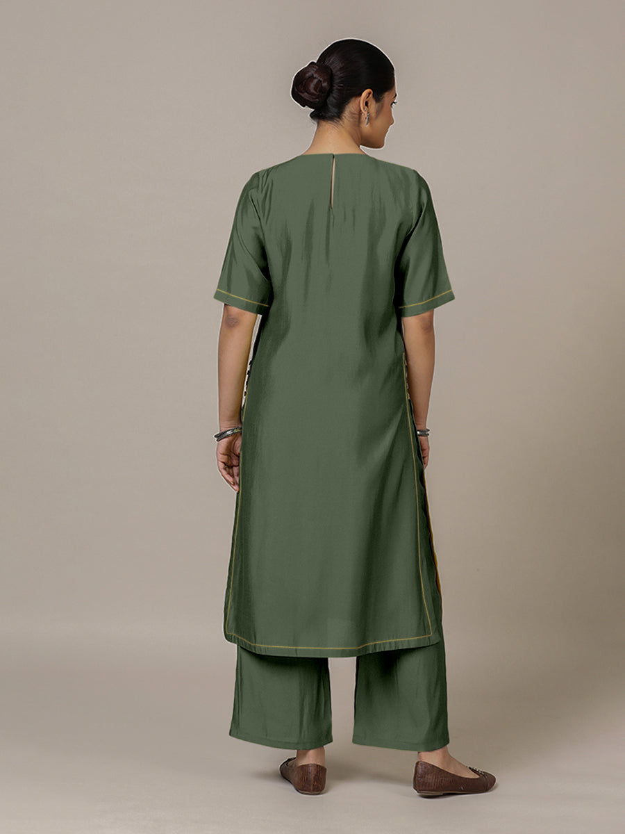 Riya x Rozaana Kurta, in Green Viscose, featuring elbow sleeves and jewel neckline, made for daily & work (view 2).