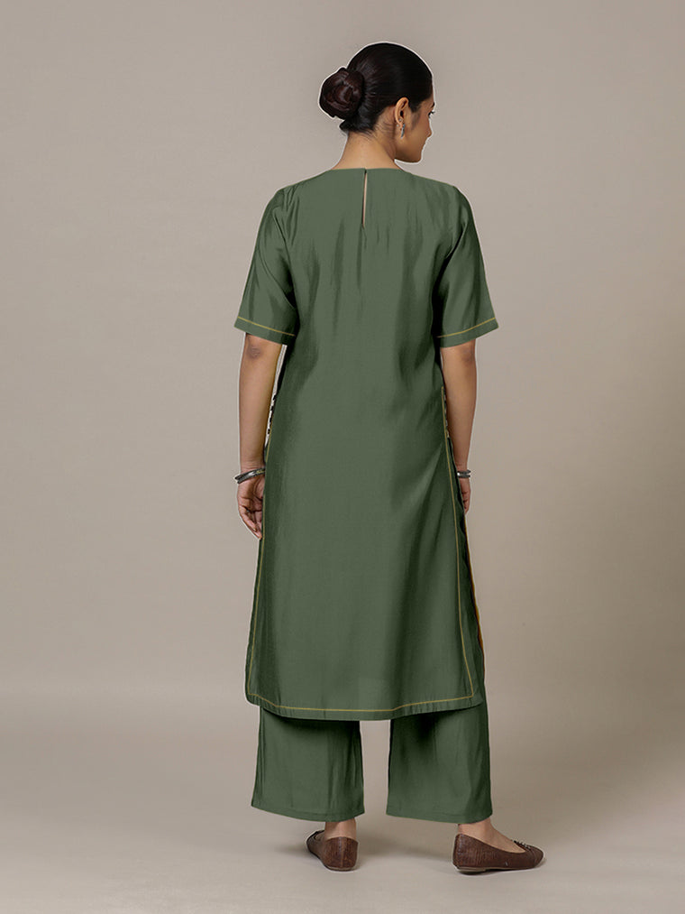 Riya x Rozaana Kurta, in Green Viscose, featuring elbow sleeves and jewel neckline, made for daily & work (view 2).
