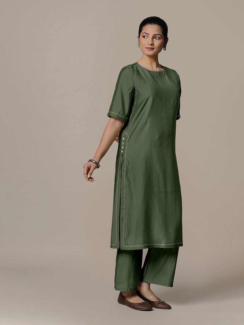 Riya x Rozaana | A Line Kurta in Pine Green with Thread Work | Coords or Only Kurta-Binks