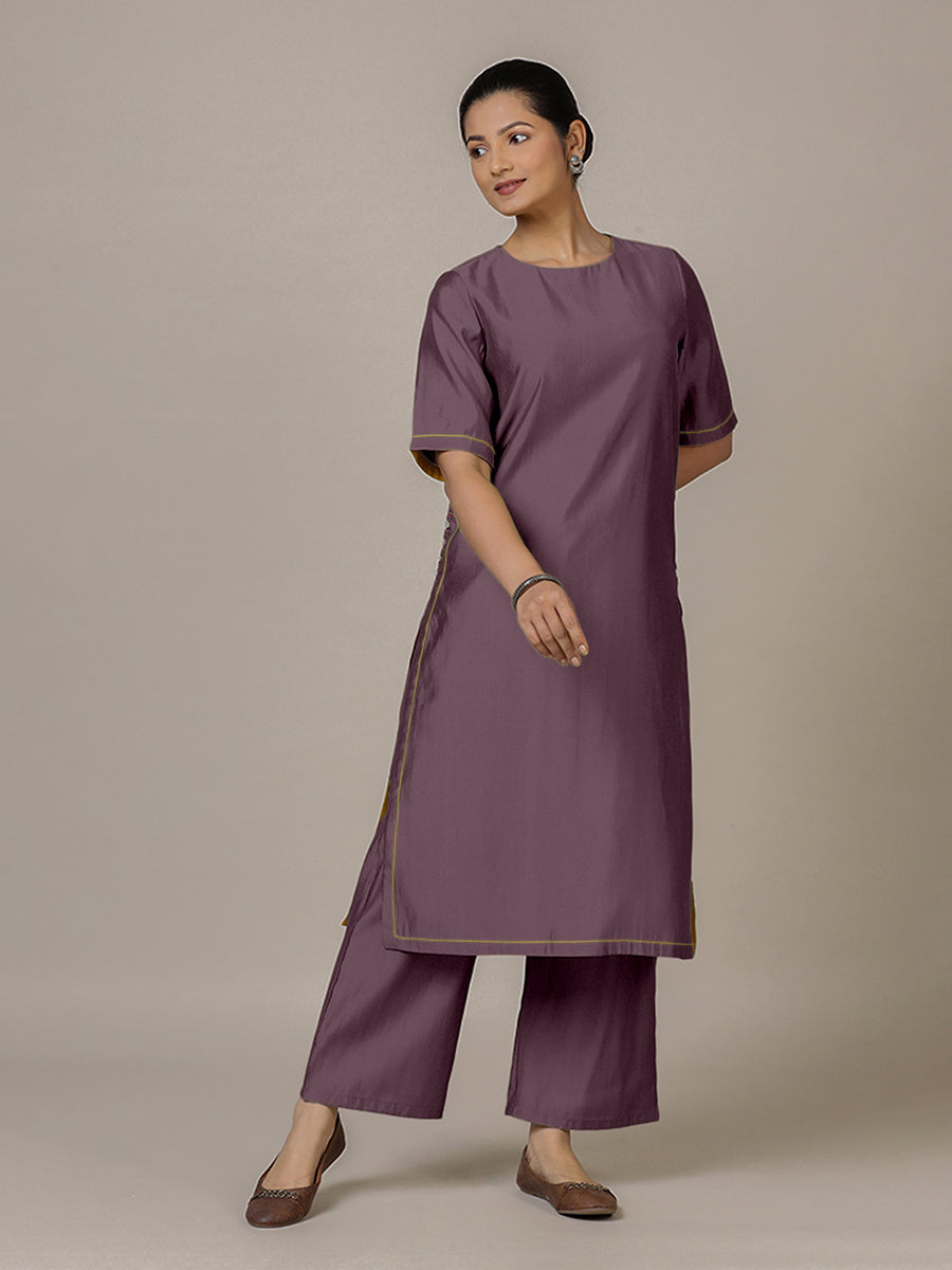 Riya x Rozaana Kurta, in Purple Viscose, featuring elbow sleeves and jewel neckline, made for daily & work (view 6).