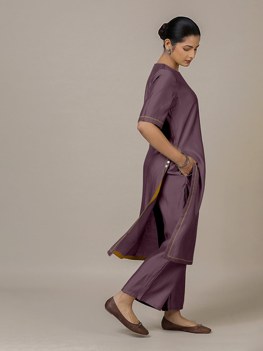 Riya x Rozaana Kurta, in Purple Viscose, featuring elbow sleeves and jewel neckline, made for daily & work (view 8).