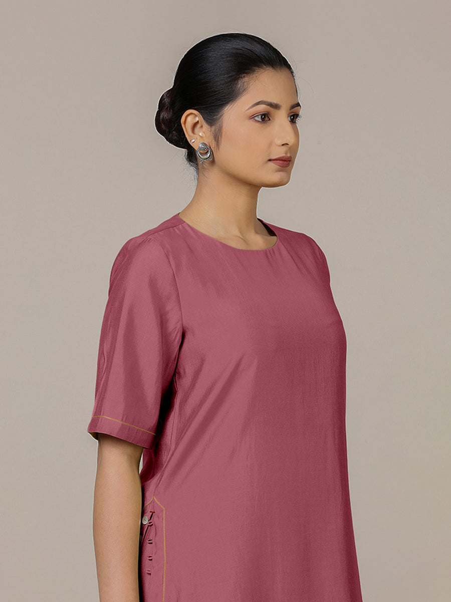 Riya x Rozaana Kurta, in Pink Viscose, featuring elbow sleeves and jewel neckline, made for daily & work (view 4).