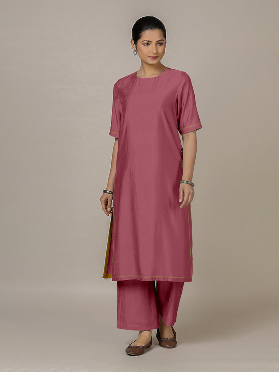 Riya x Rozaana Kurta, in Pink Viscose, featuring elbow sleeves and jewel neckline, made for daily & work (view 5).