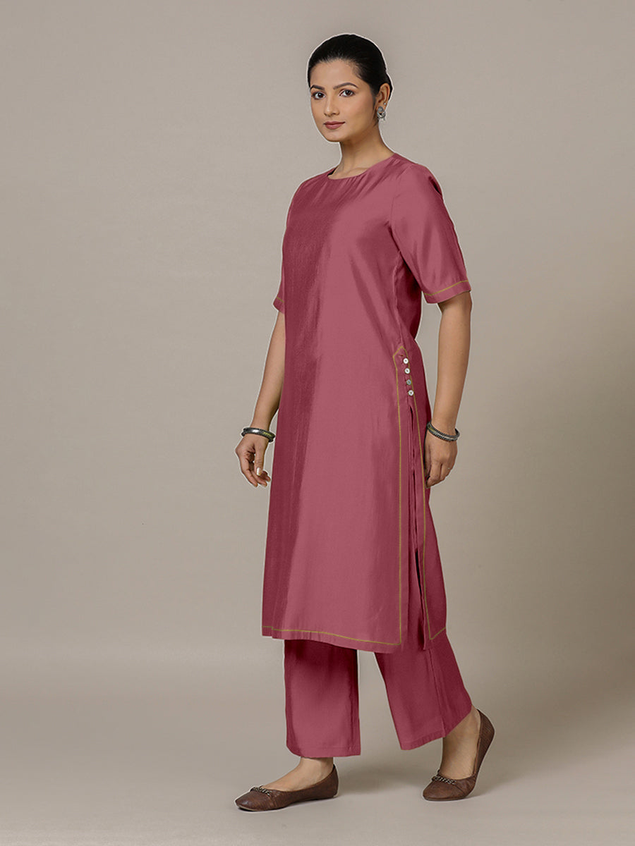 Riya x Rozaana Kurta, in Pink Viscose, featuring elbow sleeves and jewel neckline, made for daily & work (view 6).