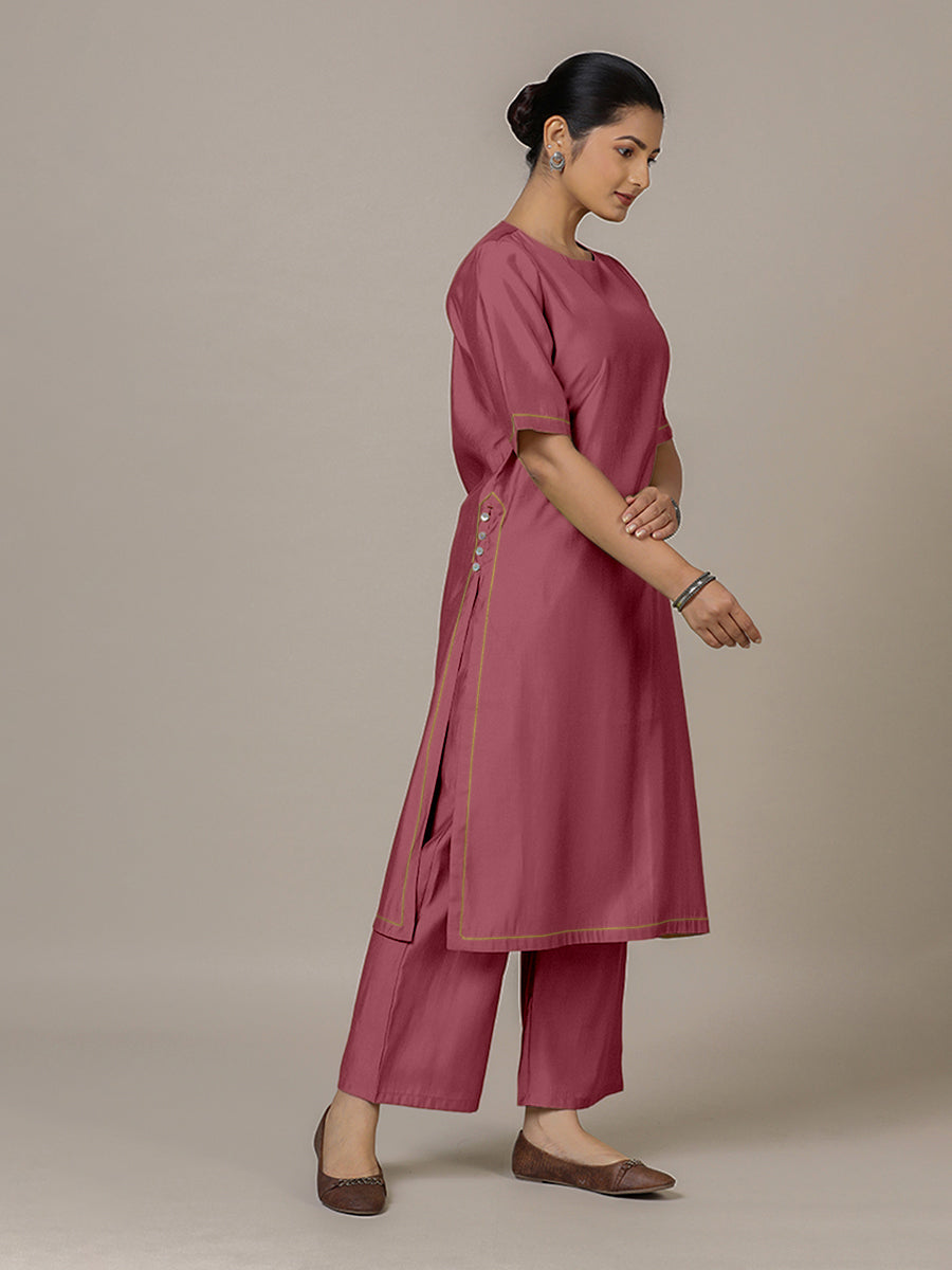 Riya x Rozaana Kurta, in Pink Viscose, featuring elbow sleeves and jewel neckline, made for daily & work (view 7).