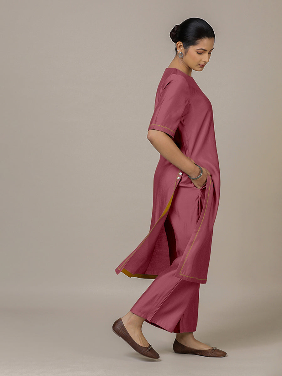 Riya x Rozaana Kurta, in Pink Viscose, featuring elbow sleeves and jewel neckline, made for daily & work (view 8).