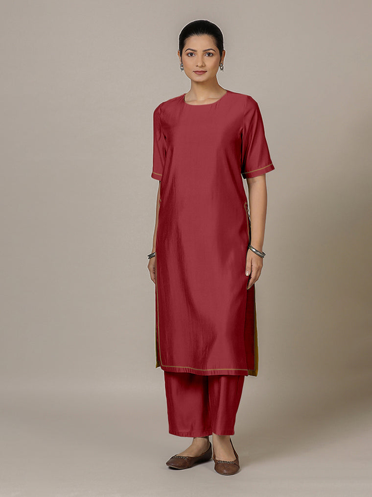 Riya x Rozaana Kurta, in Red Viscose, featuring elbow sleeves and jewel neckline, made for daily & work.