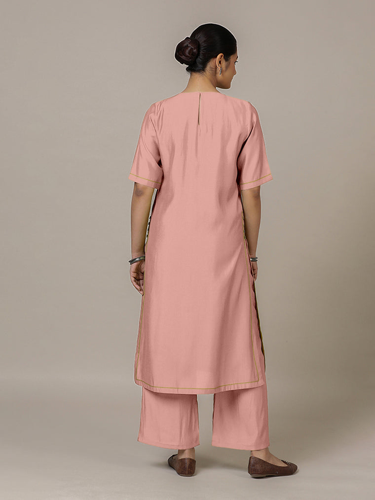 Riya x Rozaana Kurta, in Pink Viscose, featuring elbow sleeves and jewel neckline, made for daily & work (view 2).