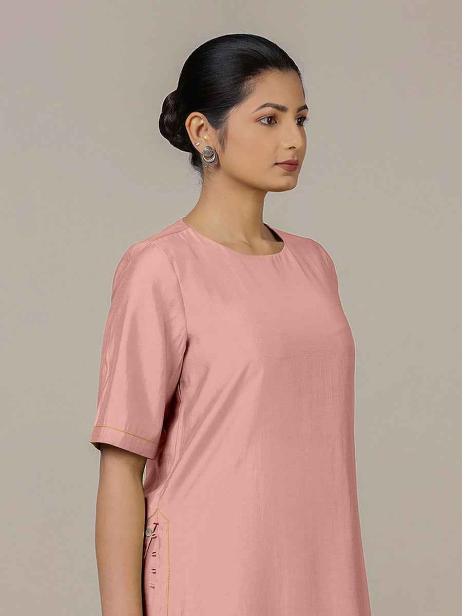 Riya x Rozaana Kurta, in Pink Viscose, featuring elbow sleeves and jewel neckline, made for daily & work (view 4).