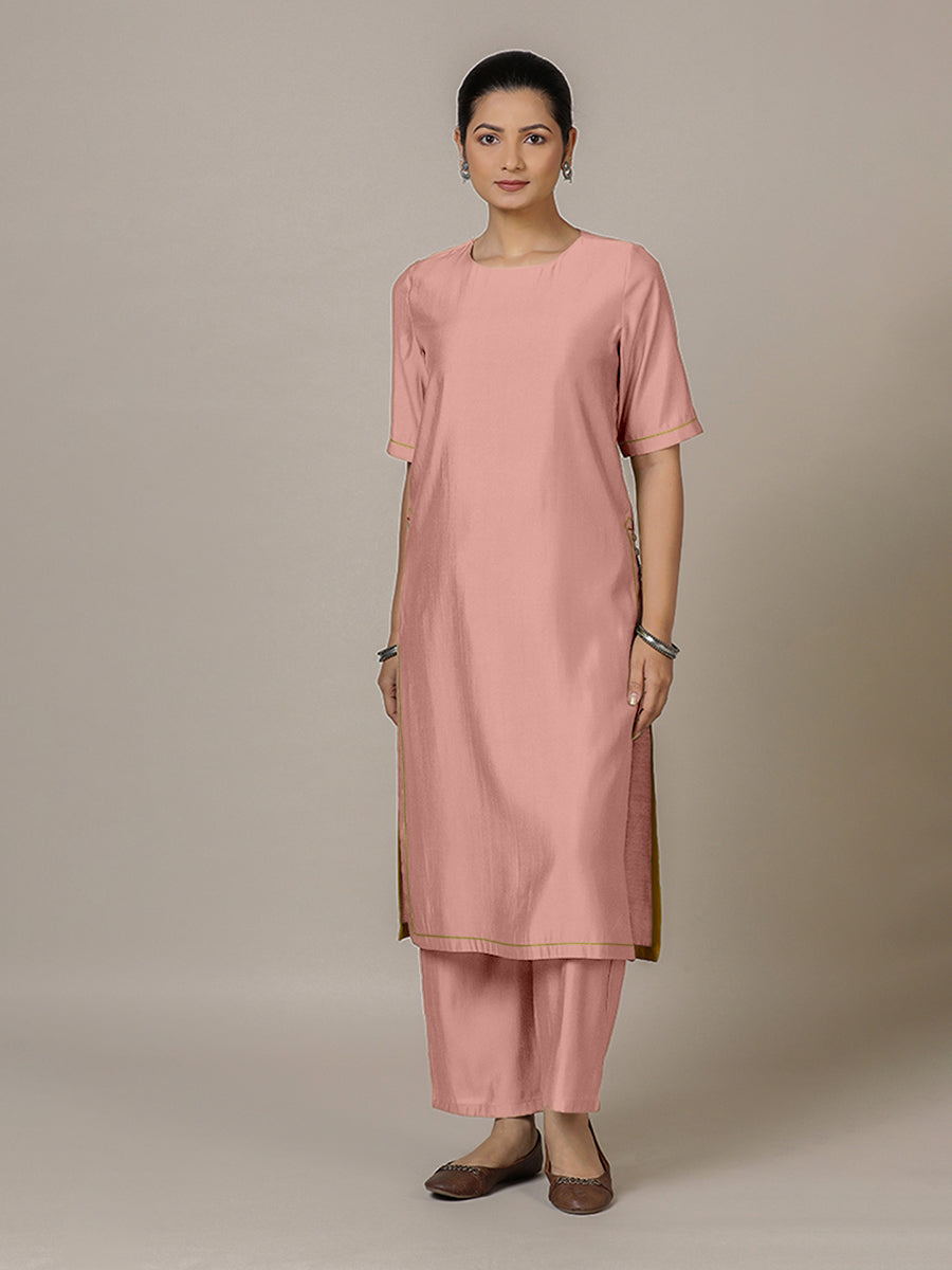 Riya x Rozaana Kurta, in Pink Viscose, featuring elbow sleeves and jewel neckline, made for daily & work (view 6).