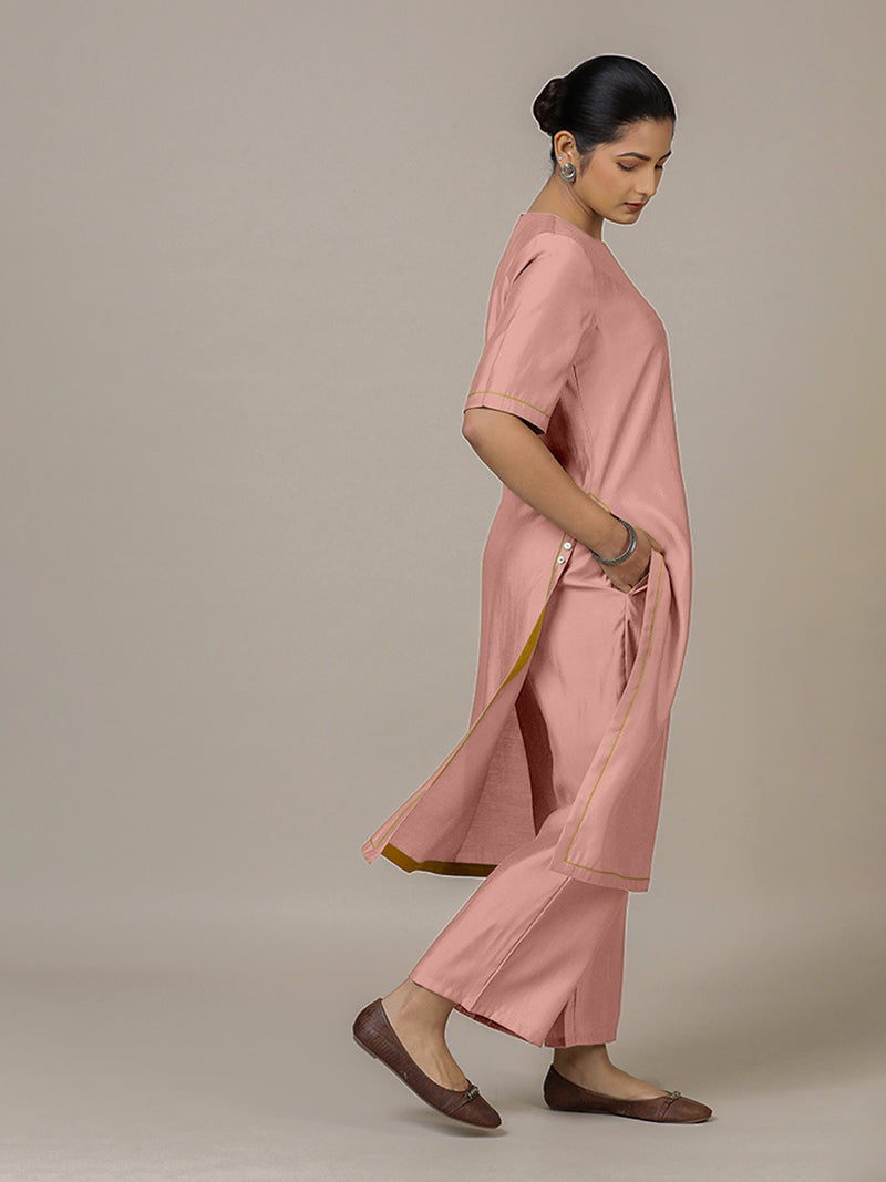 Riya x Rozaana | A Line Kurta in Sea Pink with Thread Work | Coords or Only Kurta-Binks