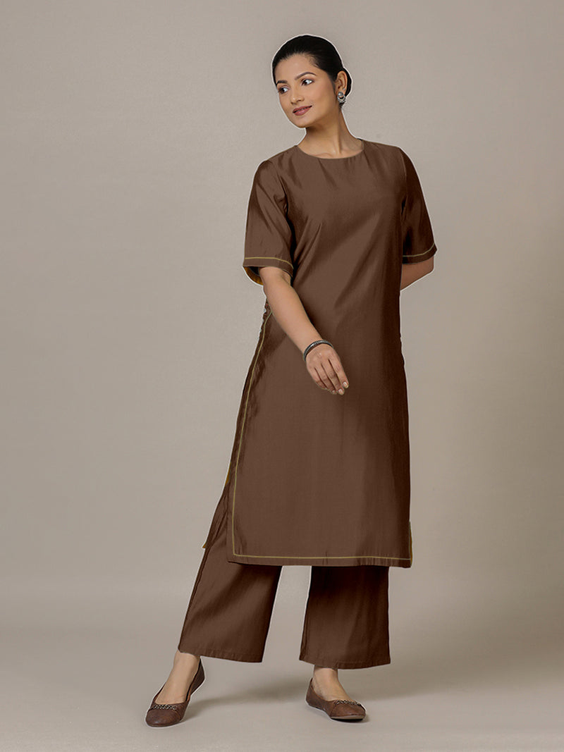 Riya x Rozaana | A Line Kurta in Walnut Brown with Thread Work | Coords or Only Kurta-Binks