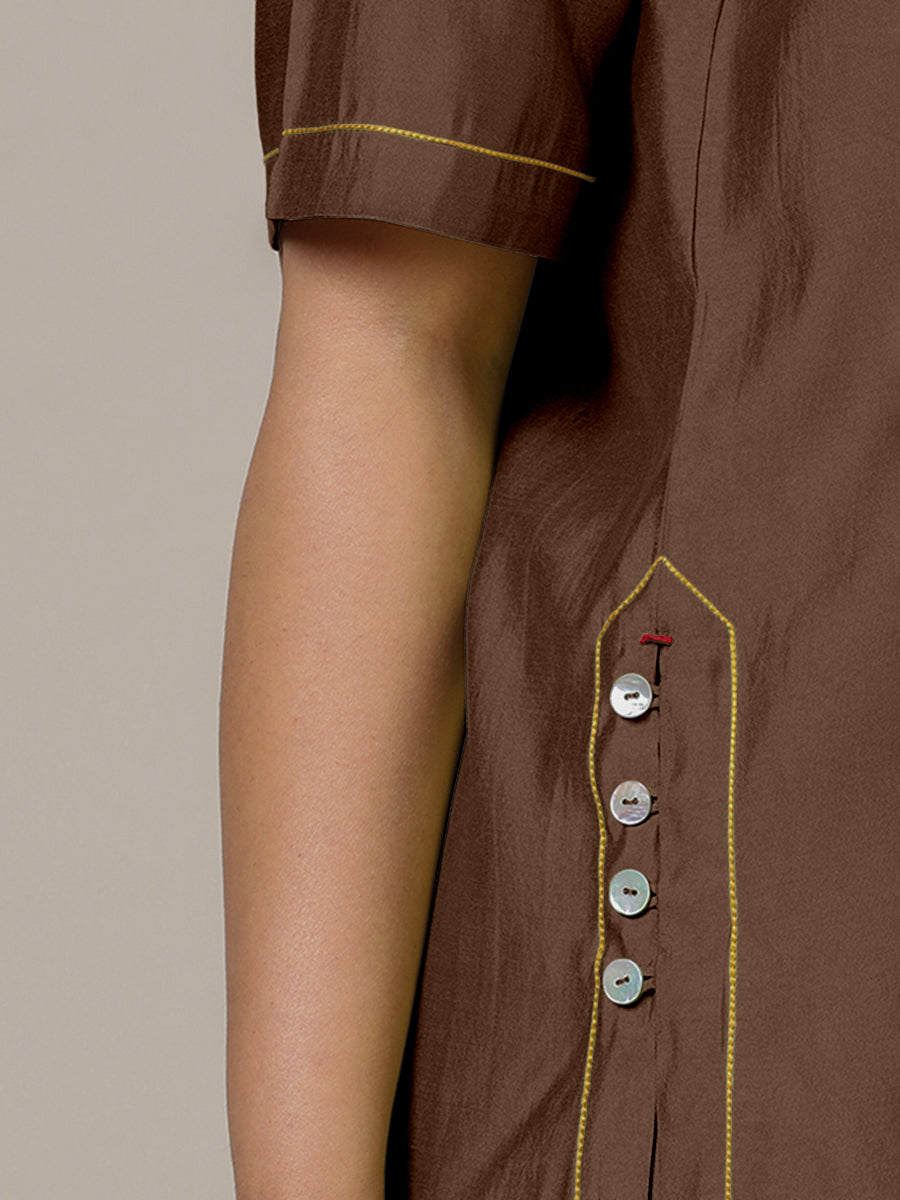 Riya x Rozaana Kurta, in Brown Viscose, featuring elbow sleeves and jewel neckline, made for daily & work (view 3).