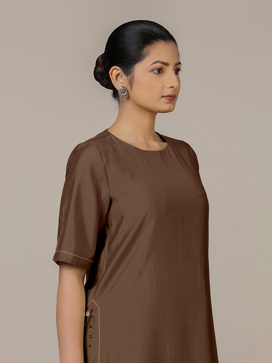 Riya x Rozaana Kurta, in Brown Viscose, featuring elbow sleeves and jewel neckline, made for daily & work (view 4).
