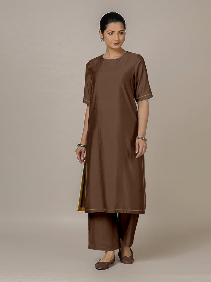 Riya x Rozaana | A Line Kurta in Walnut Brown with Thread Work | Coords or Only Kurta-Binks