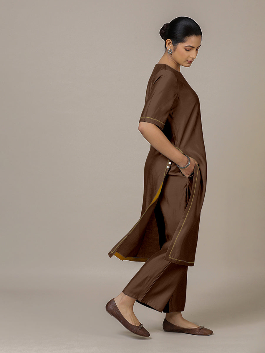 Riya x Rozaana Kurta, in Brown Viscose, featuring elbow sleeves and jewel neckline, made for daily & work (view 7).
