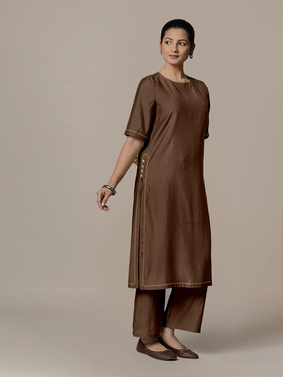 Riya x Rozaana Kurta, in Brown Viscose, featuring elbow sleeves and jewel neckline, made for daily & work (view 8).
