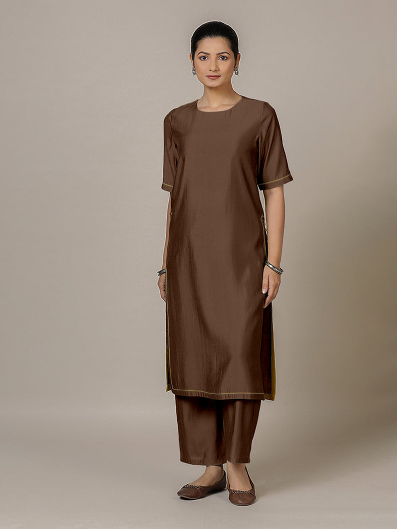 Riya x Rozaana | A Line Kurta in Walnut Brown with Thread Work | Coords or Only Kurta-Binks