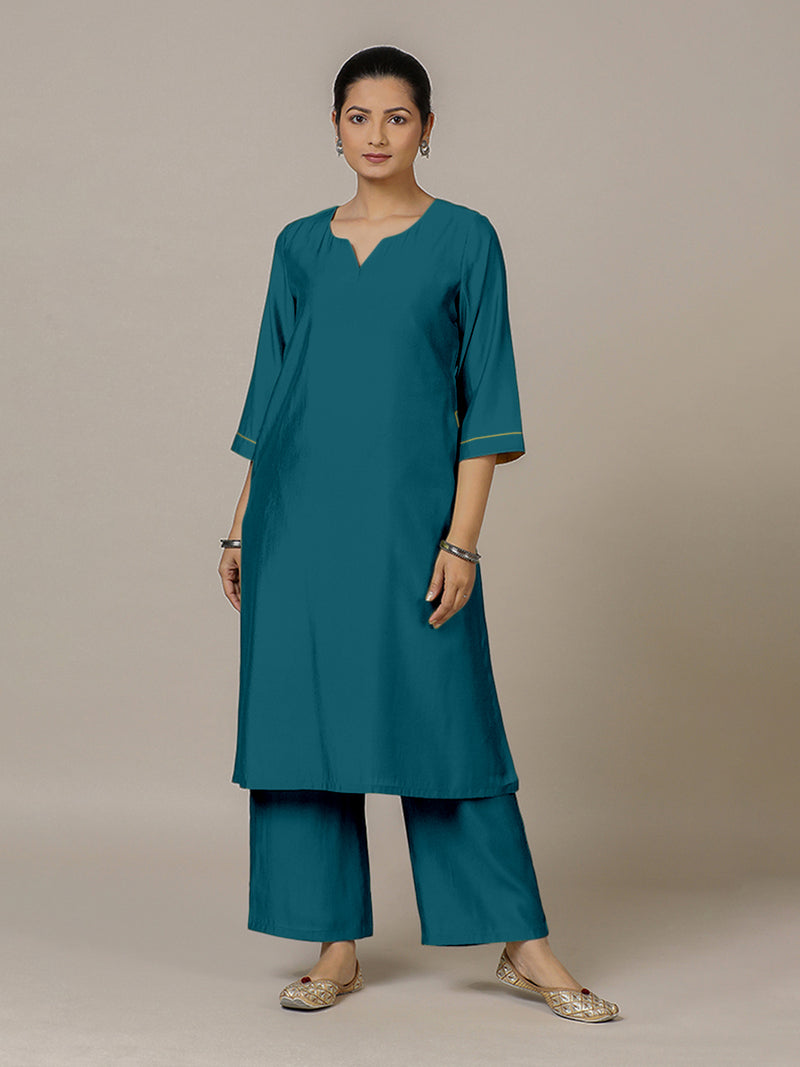 Sadaf x Rozaana | A Line Kurta in Crystal Teal with Thread Work | Coords or Only Kurta-Binks