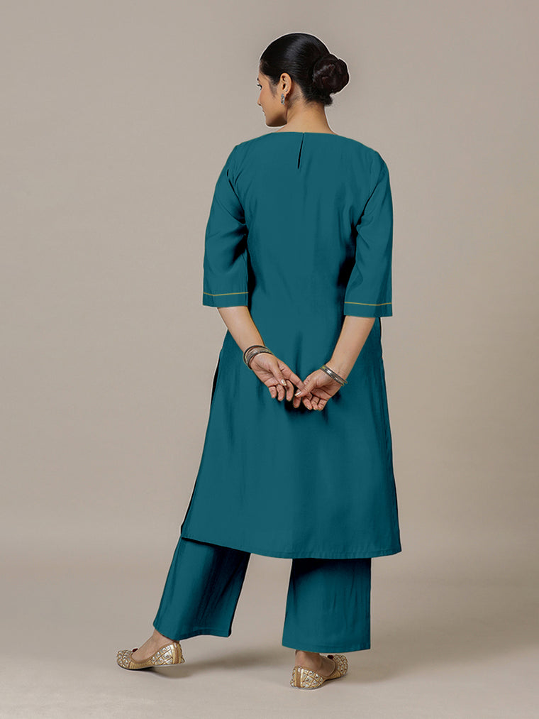 Sadaf x Rozaana Kurta, in Blue Viscose, featuring three quarter sleeves and round neck with splitline, made for daily & work.