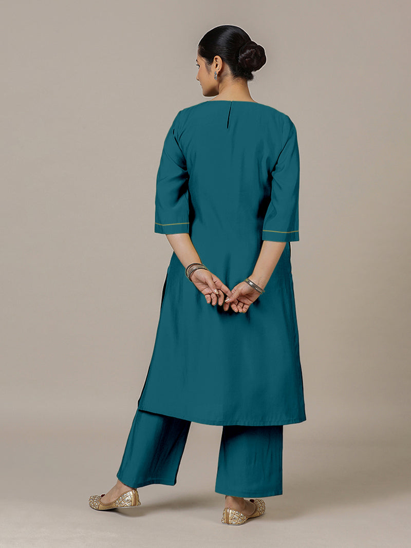 Sadaf x Rozaana | A Line Kurta in Crystal Teal with Thread Work | Coords or Only Kurta-Binks
