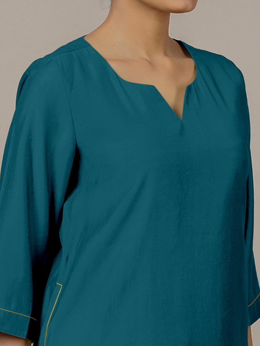 Sadaf x Rozaana Kurta, in Blue Viscose, featuring three quarter sleeves and round neck with splitline, made for daily & work.