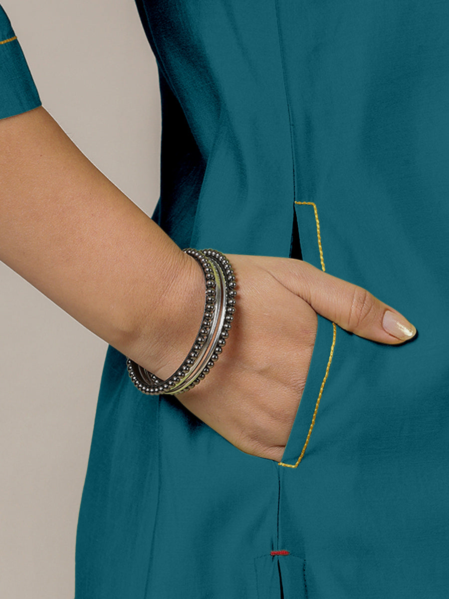 Sadaf x Rozaana Kurta, in Blue Viscose, featuring three quarter sleeves and round neck with splitline, made for daily & work.