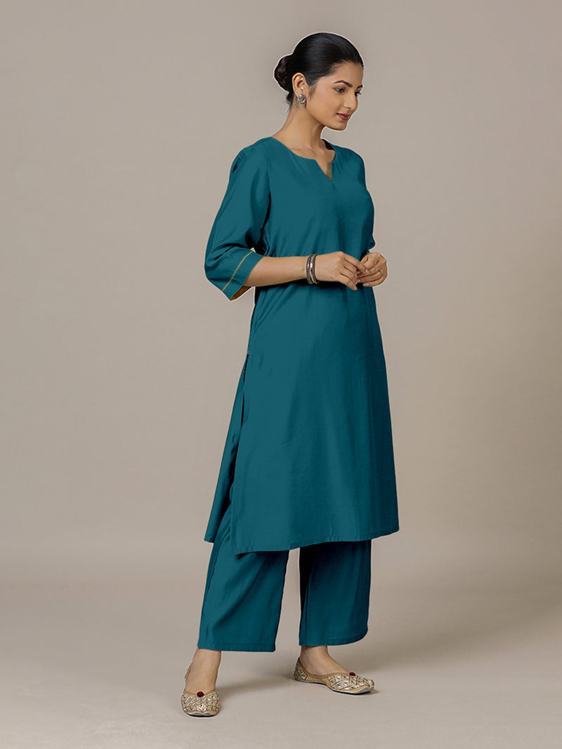Sadaf x Rozaana | A Line Kurta in Crystal Teal with Thread Work | Coords or Only Kurta-Binks