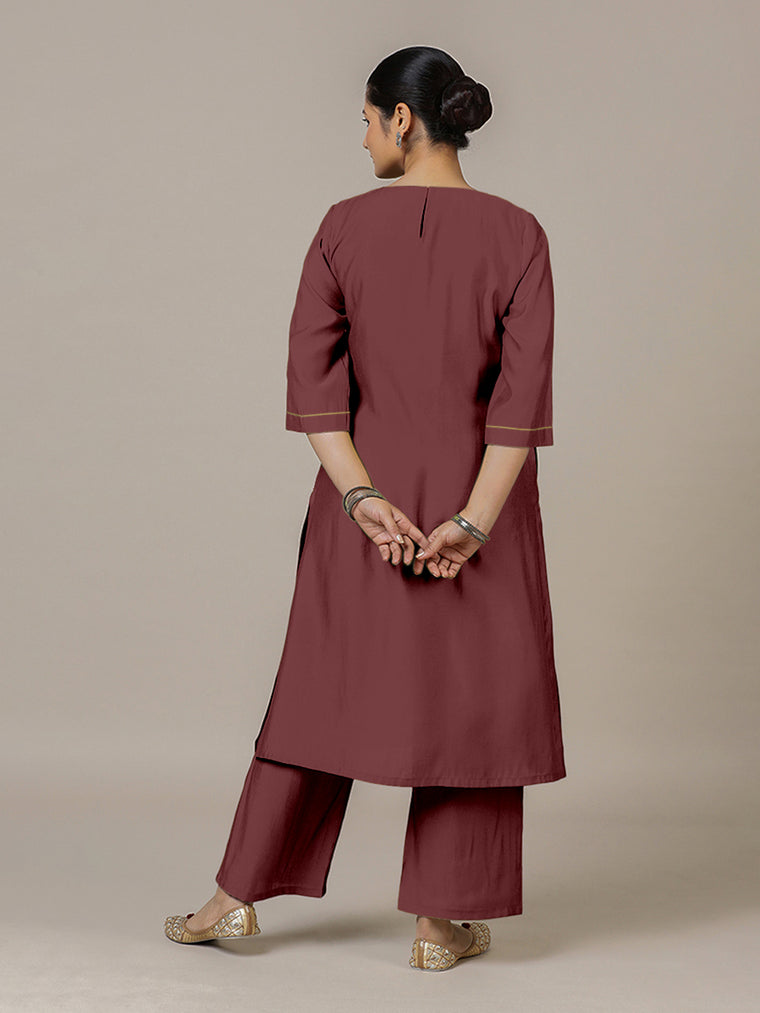 Sadaf x Rozaana Kurta, in Maroon Viscose, featuring three quarter sleeves and round neck with splitline (view 2).