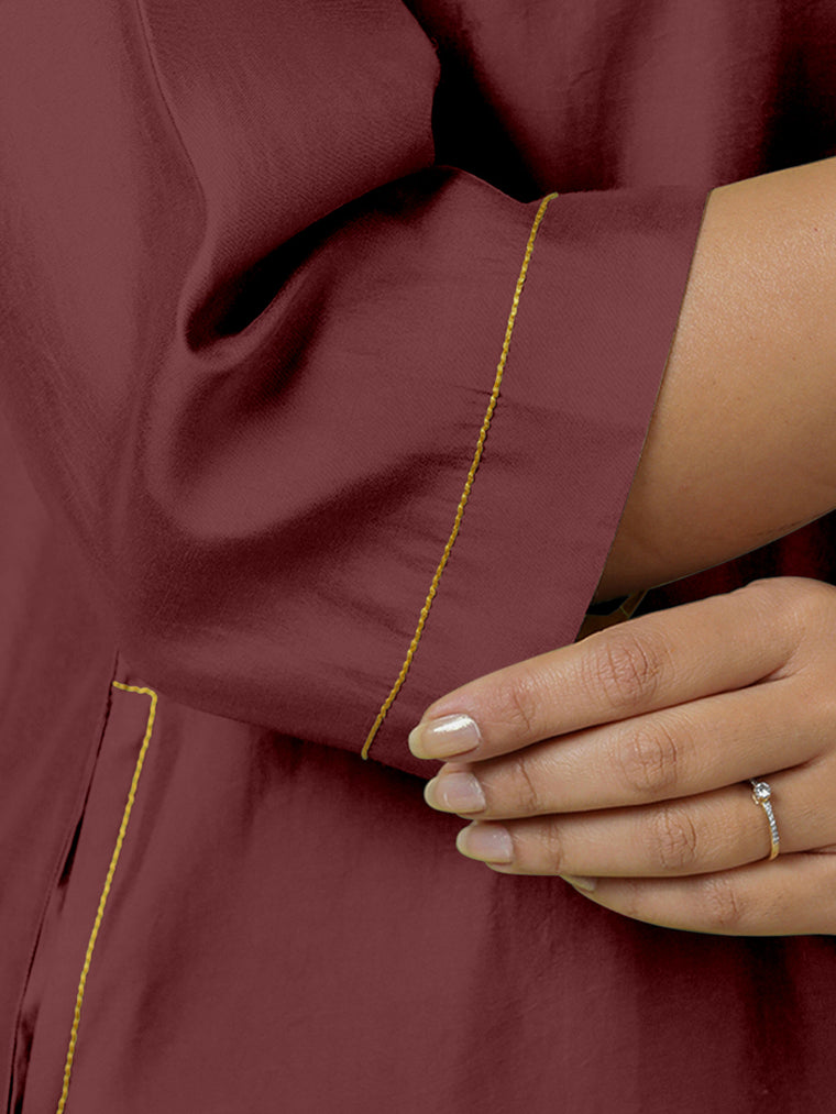 Sadaf x Rozaana Kurta, in Maroon Viscose, featuring three quarter sleeves and round neck with splitline (view 3).