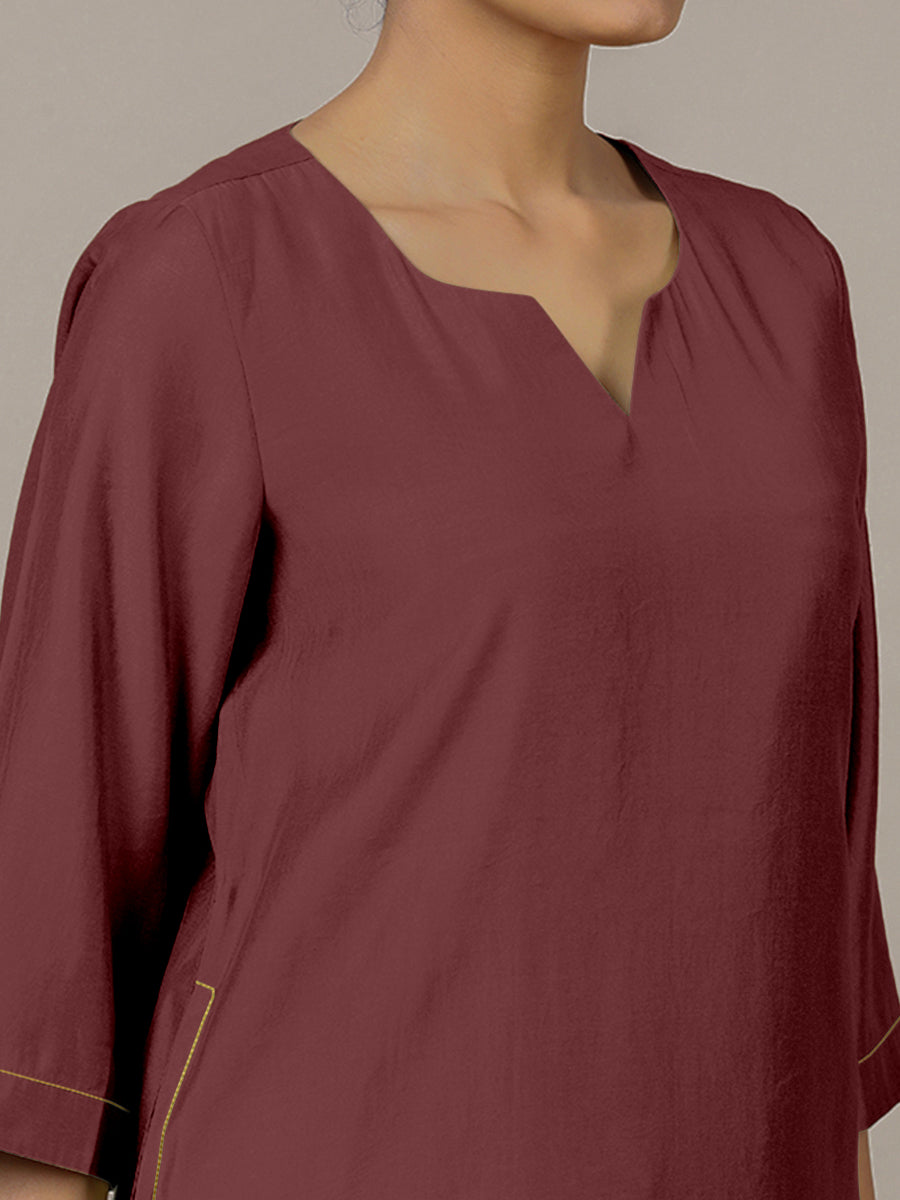 Sadaf x Rozaana Kurta, in Maroon Viscose, featuring three quarter sleeves and round neck with splitline (view 4).